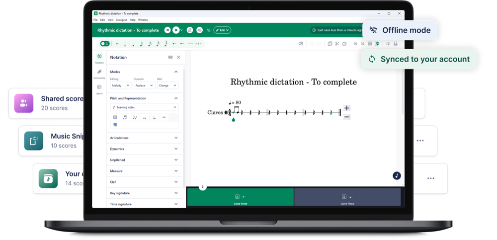 Application de bureau Flat for Education sur un ordinateur portable, affichant une partition de dictée rythmique avec des indicateurs de mode hors ligne et de synchronisation du compte