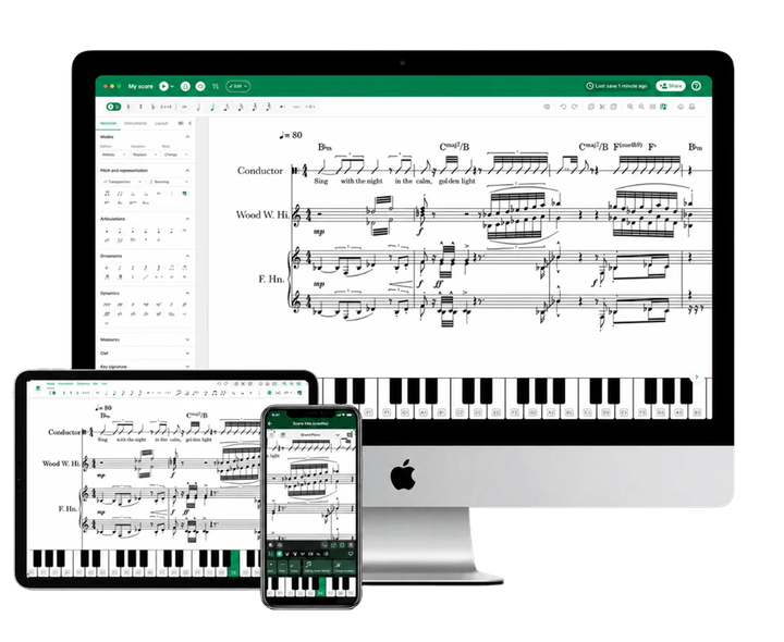 L’éditeur Flat for Education ouvert sur un iMac, un iPad et un iPhone, affichant tous la même partition synchronisée