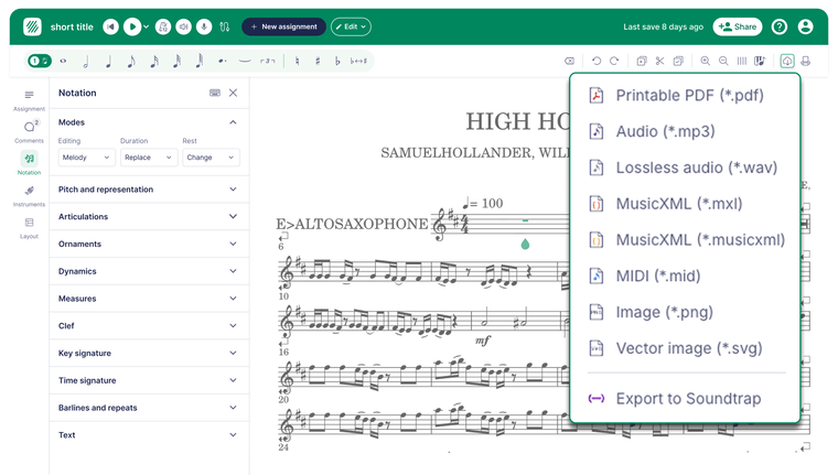Экспорт партитуры в PDF, MusicXML, MIDI и MP3