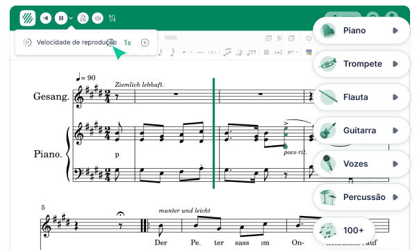 Reproduzir uma partitura em PDF importada com sons realistas no Flat for Education