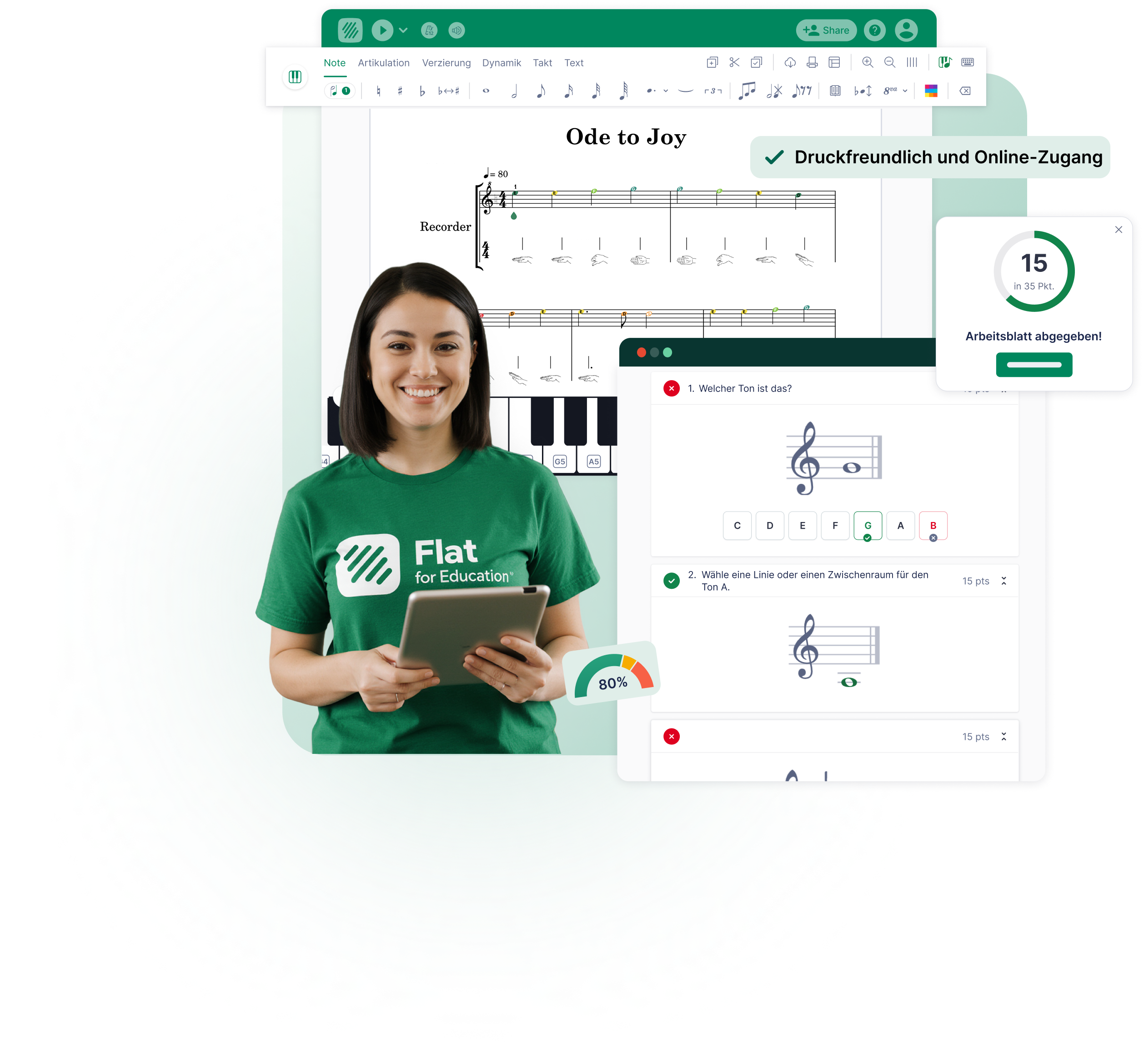 Flat for Education Notationseditor mit „Ode an die Freude“ und Griffbildern für Blockflöte, einer Lehrkraft mit Tablet, einem automatisch bewerteten Arbeitsblatt zur Tonhöhenbestimmung und einer Benachrichtigung „Arbeitsblatt abgegeben“