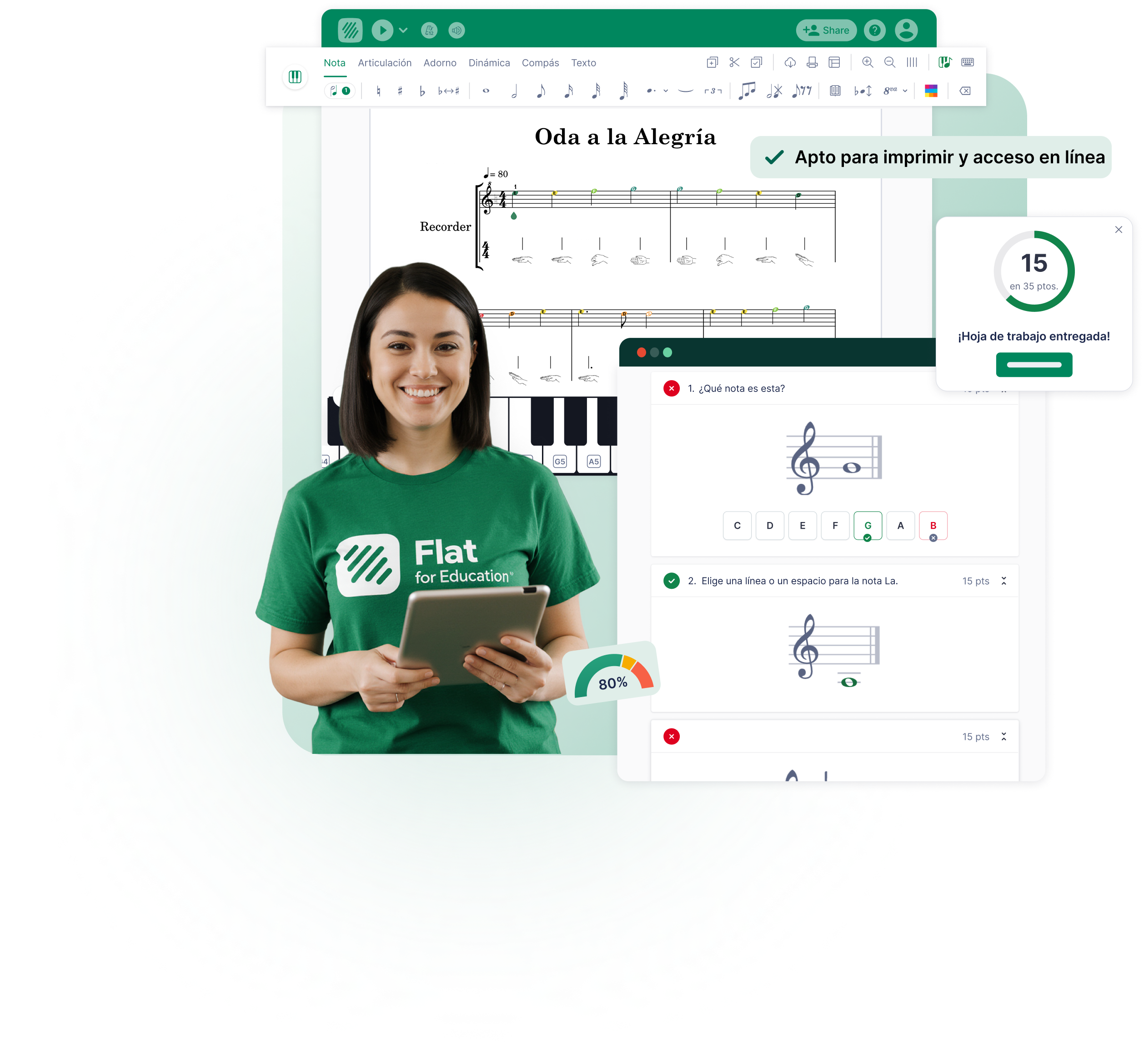 Editor de notación de Flat for Education que muestra «Oda a la alegría» con digitaciones de flauta dulce, un docente sosteniendo una tableta, una ficha de altura corregida automáticamente y una notificación de calificación de «Ficha entregada»