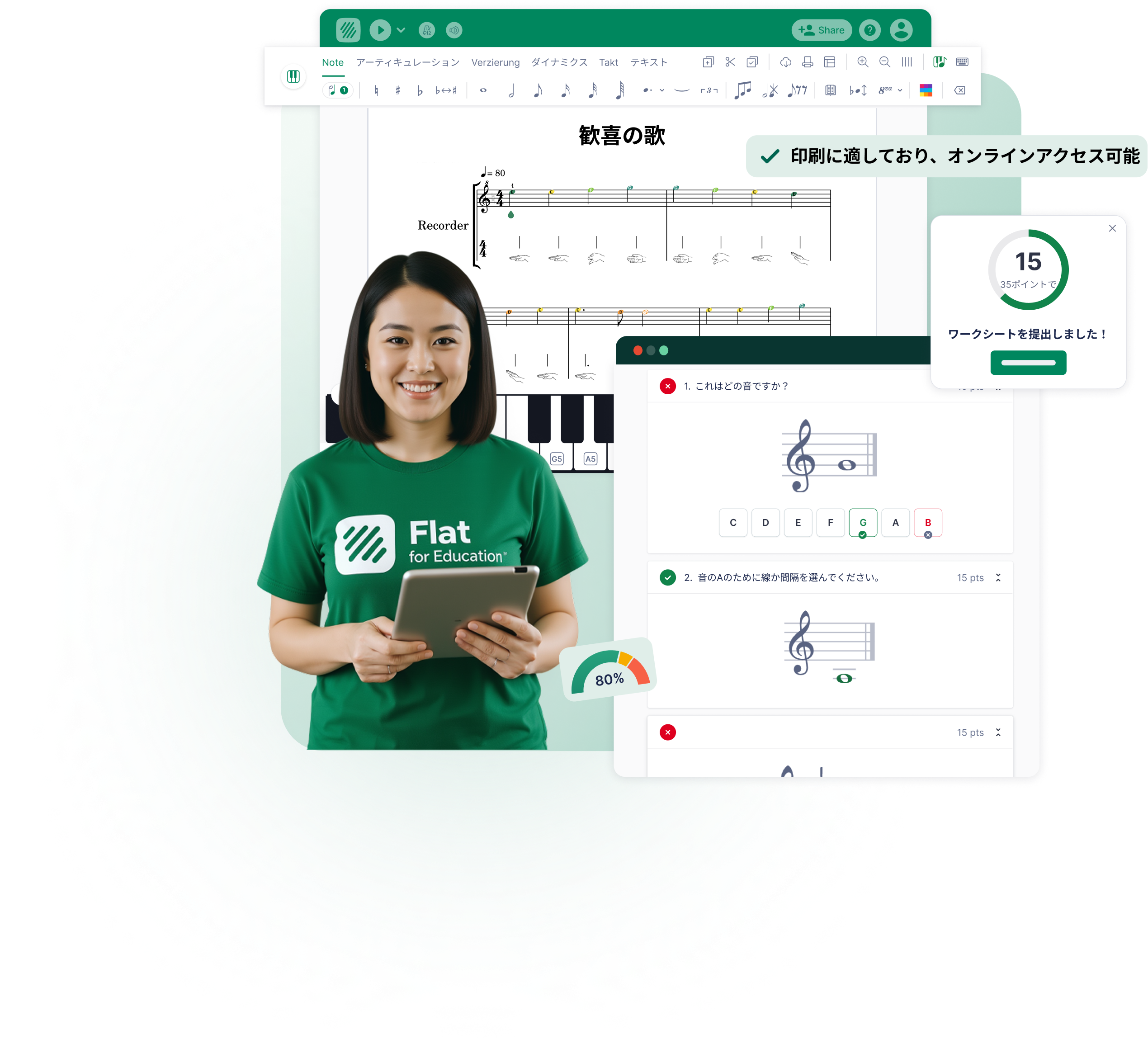 リコーダーの運指が表示された「歓喜の歌」を映すFlat for Educationの記譜エディター、タブレットを持つ教師、自動採点される音程ワークシート、『ワークシート提出済み』の通知