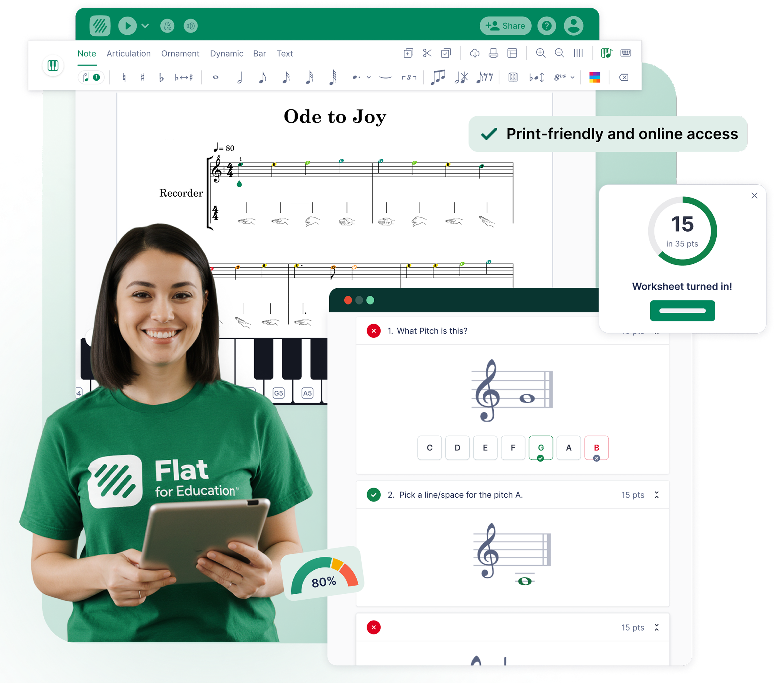Flat for Education notation editor showing 'Ode to Joy' with recorder fingerings, a teacher holding a tablet, an auto-graded pitch worksheet, and a 'Worksheet turned in' grade notification