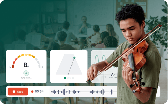 A student plays the violin beside Flat for Education practice tools: a tuner, a metronome, a tone generator, and a recording in progress.