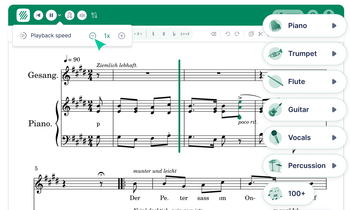 El editor de Flat for Education con la velocidad de reproducción ajustada a 1x y una lista de instrumentos que ofrece piano, trompeta, flauta, guitarra, voces y percusión.