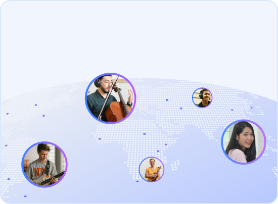 Musicians around the world collaborating on a score in Flat