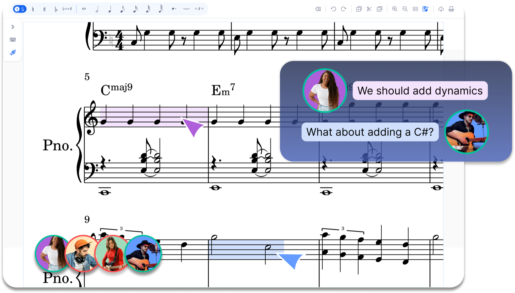 The Flat editor showing a piano score with real-time collaboration comments