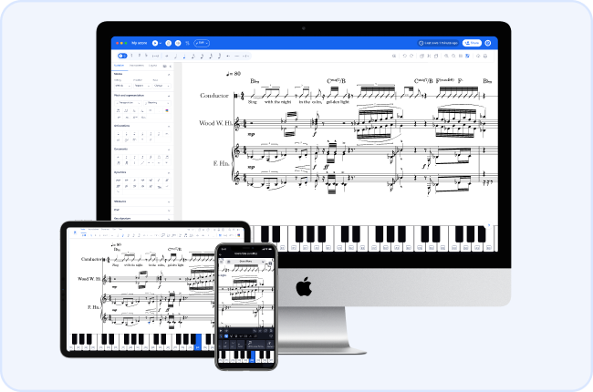 The same Flat score open on a desktop, tablet, and phone