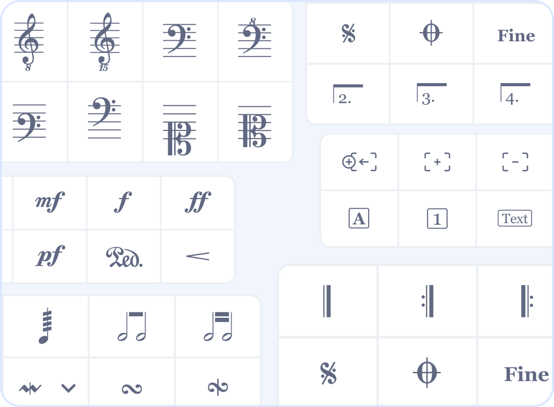 A grid of professional music notation symbols available in Flat