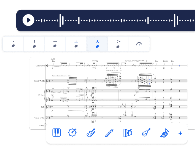 Flat's editor showing dynamics, articulation playback controls, and the studio-sampled instrument library