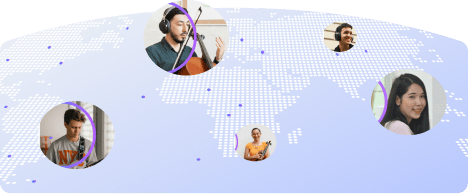 Musicians from around the world shown across a globe, each playing a different instrument