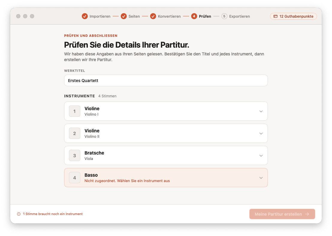 Überprüfen und Korrigieren der konvertierten Partitur in Opuscan für Mac