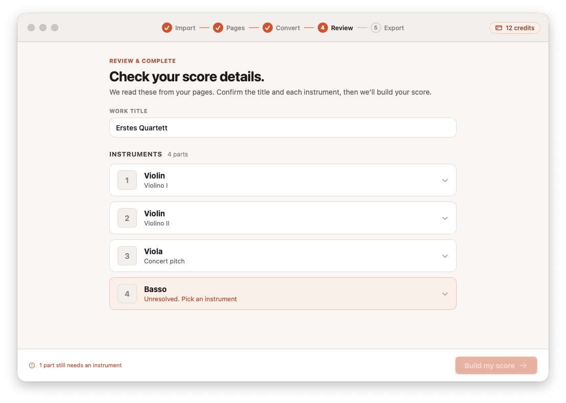 Reviewing and correcting the converted score in Opuscan for Mac