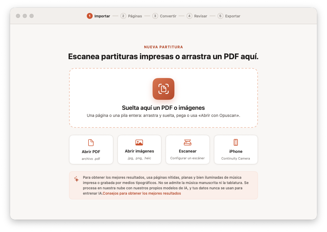 Opuscan para Mac importando un PDF de partituras