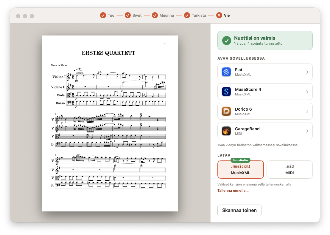 Opuscan macOS:ssä näyttää vasemmalla muunnetun jousikvartettinuotinnoksen ja oikealla vientivaihtoehdot Flat, MuseScore, Dorico ja GarageBand -sovelluksiin.