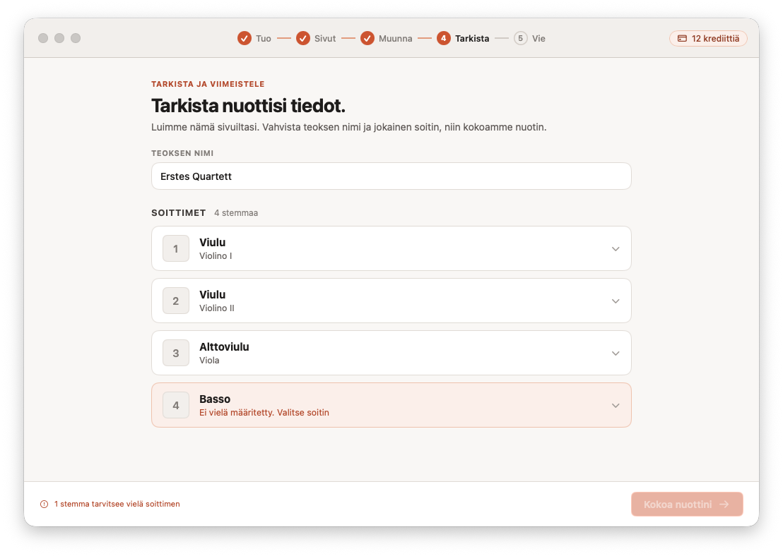 Muunnetun nuotin tarkistaminen ja korjaaminen Opuscan for Macissa