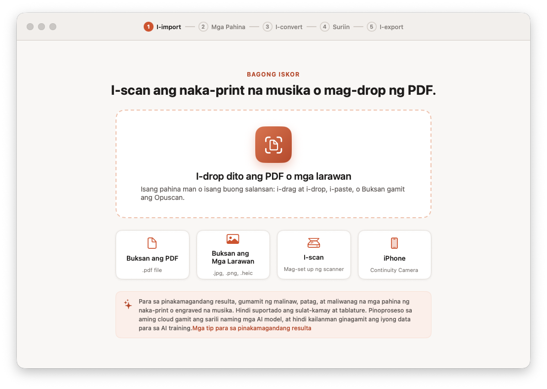 Nag-i-import ang Opuscan para sa Mac ng PDF ng sheet music