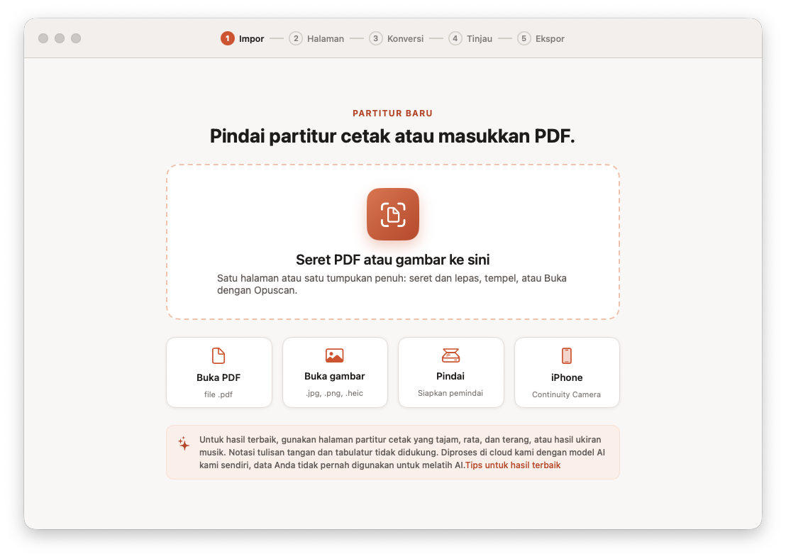 Opuscan untuk Mac sedang mengimpor PDF partitur