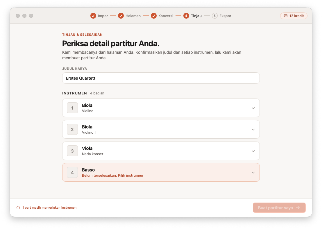 Meninjau dan mengoreksi partitur hasil konversi di Opuscan untuk Mac