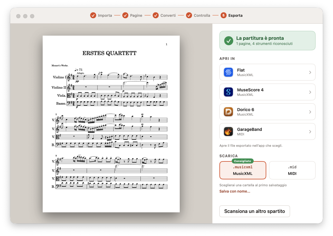 Opuscan su macOS mostra a sinistra una partitura convertita per quartetto d'archi e a destra le opzioni di esportazione per Flat, MuseScore, Dorico e GarageBand.