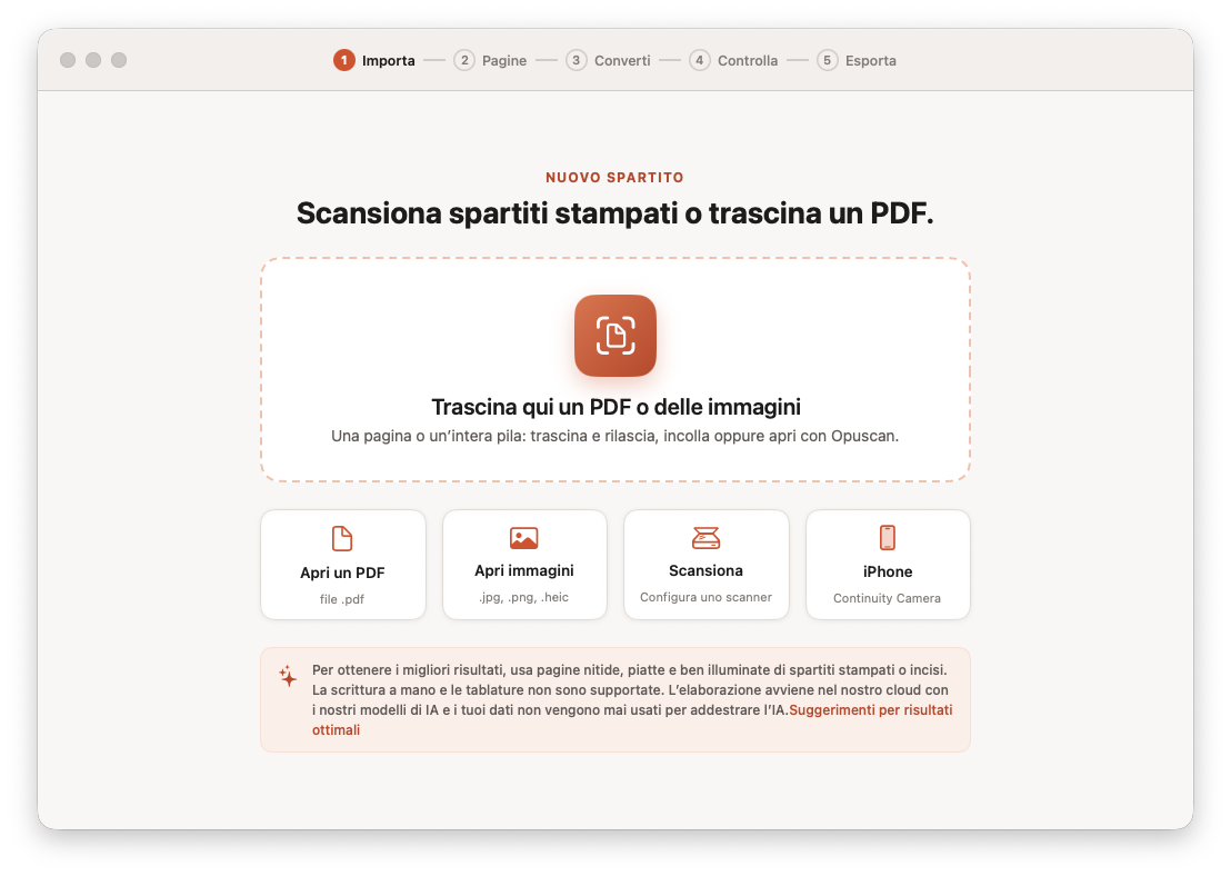 Opuscan per Mac mentre importa un PDF di spartiti