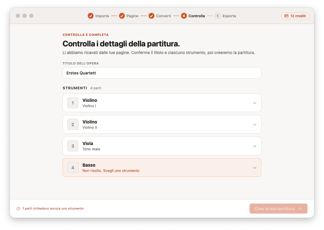 Revisione e correzione dello spartito convertito in Opuscan per Mac
