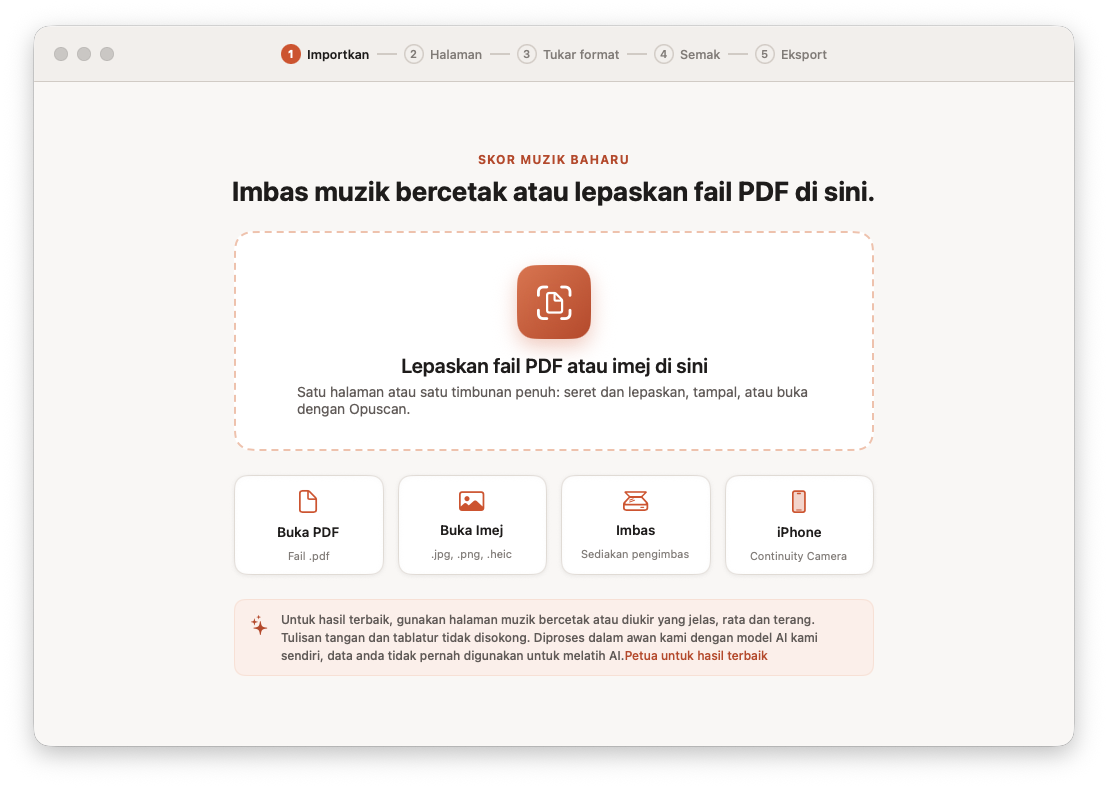 Opuscan bagi Mac mengimport PDF helaian muzik