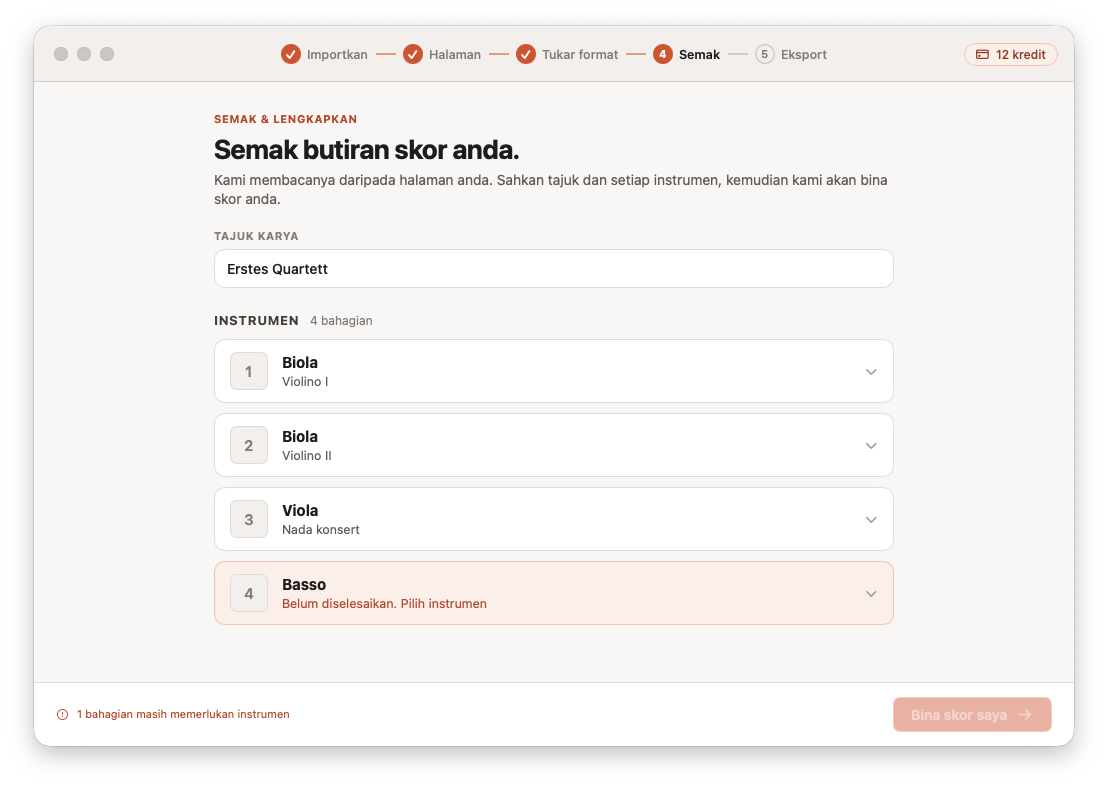 Menyemak dan membetulkan skor yang ditukar dalam Opuscan bagi Mac