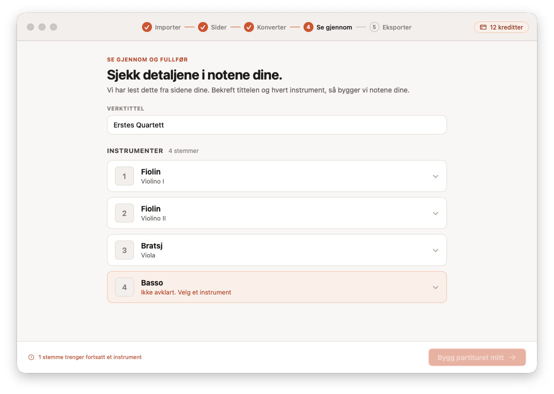 Gjennomgang og korrigering av det konverterte partituret i Opuscan for Mac