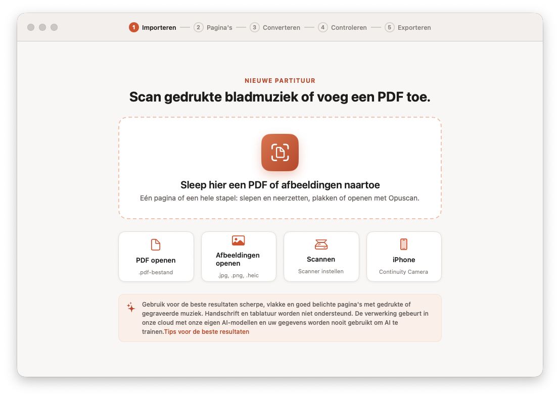 Opuscan voor Mac tijdens het importeren van een PDF met bladmuziek