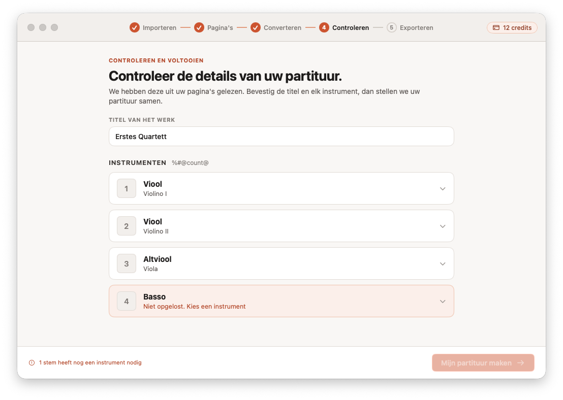 De geconverteerde partituur controleren en corrigeren in Opuscan voor Mac