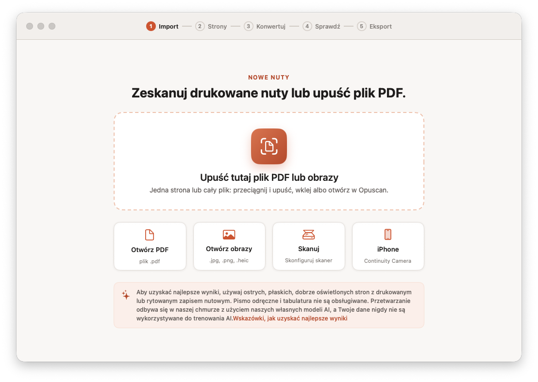 Importowanie PDF-u z nutami w Opuscan na Maca