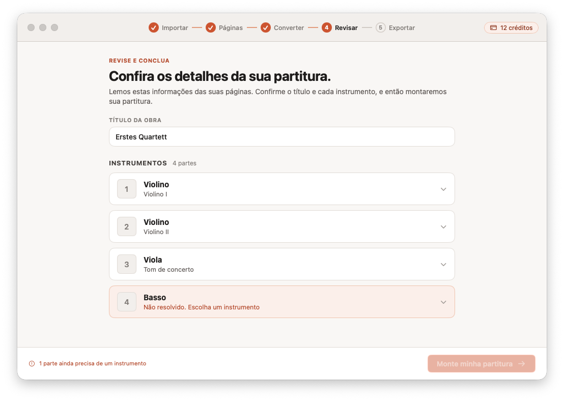 Revisando e corrigindo a partitura convertida no Opuscan para Mac