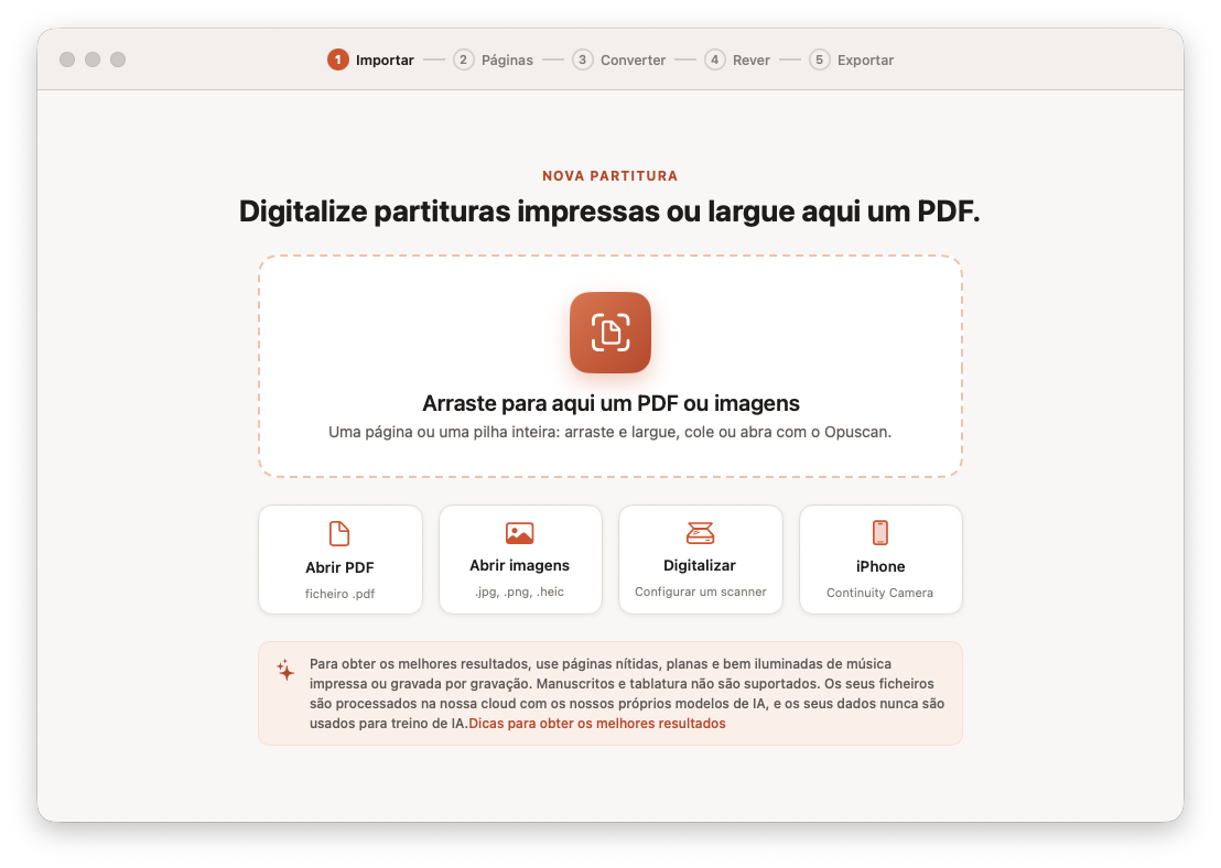 Opuscan para Mac a importar um PDF de partituras