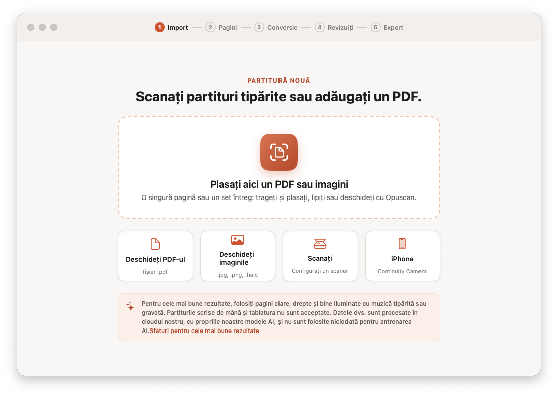 Opuscan pentru Mac importând un PDF cu partituri