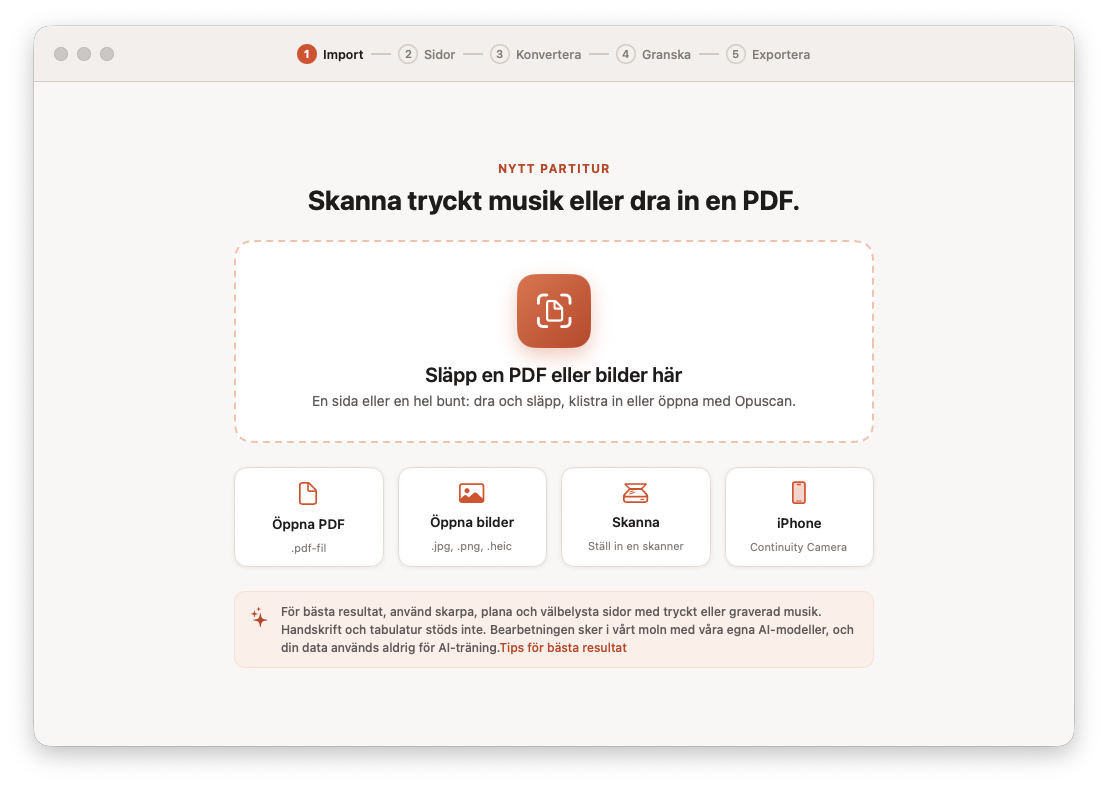 Opuscan för Mac importerar en PDF med noter