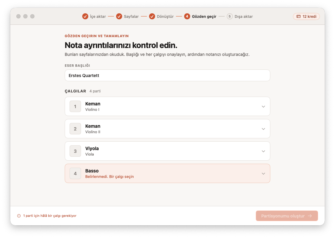 Mac için Opuscan'da dönüştürülen notanın gözden geçirilmesi ve düzeltilmesi