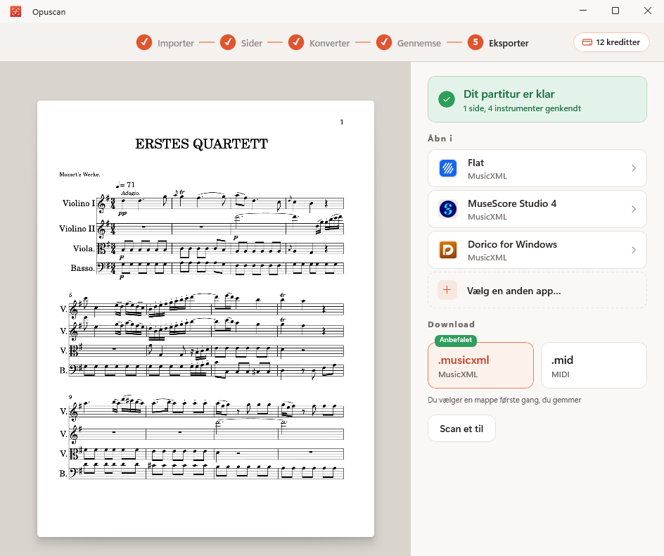 Opuscan på Windows med et konverteret partitur for strygekvartet til venstre og eksportmuligheder for Flat, MuseScore og Dorico til højre.