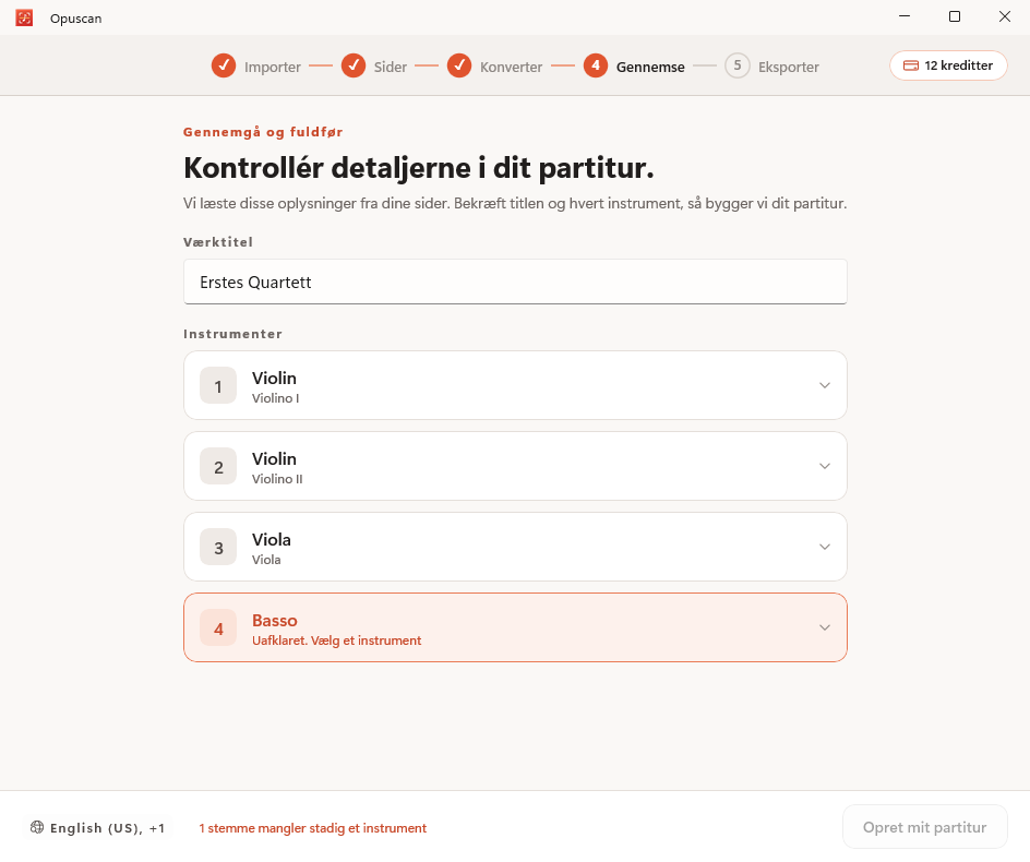 Gennemgang og rettelse af det konverterede partitur i Opuscan til Windows