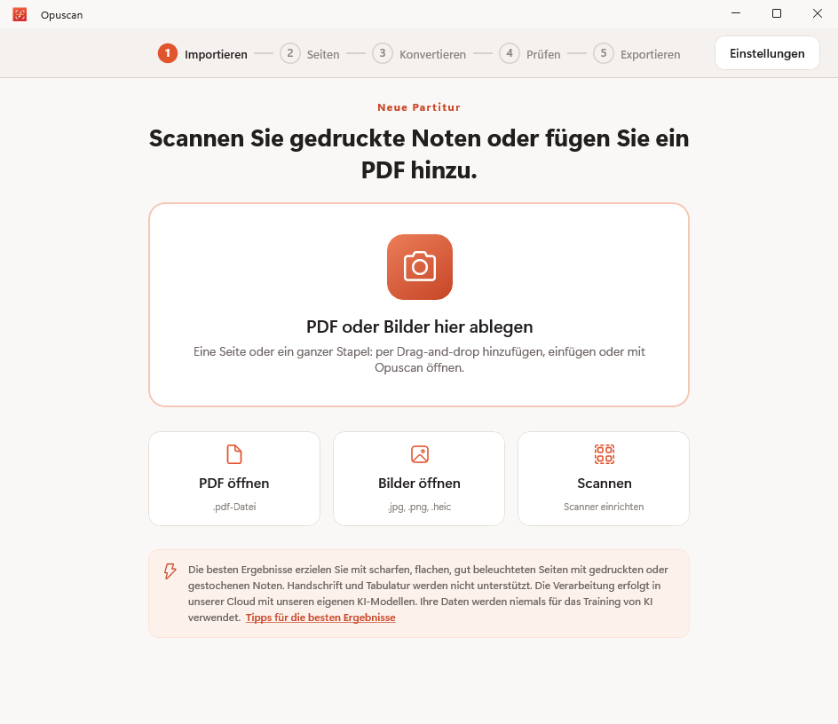 Opuscan für Windows beim Importieren eines PDFs mit Noten