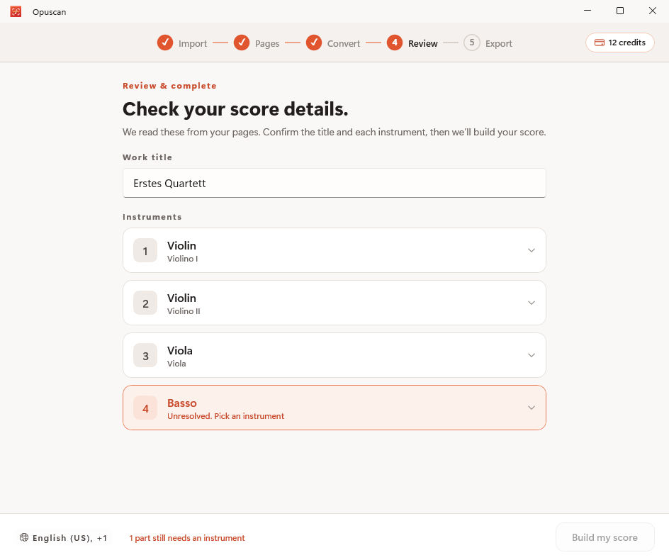 Reviewing and correcting the converted score in Opuscan for Windows