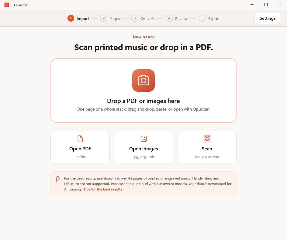 Opuscan for Windows importing a PDF of sheet music