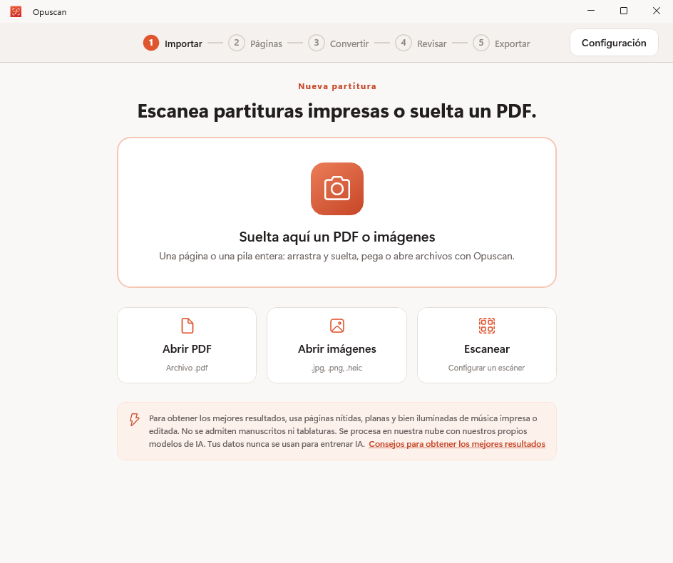 Opuscan para Windows importando un PDF de partituras