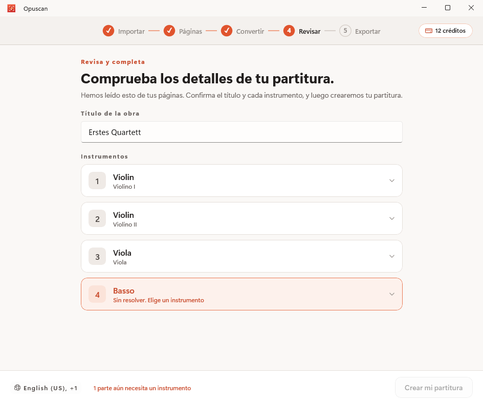 Revisión y corrección de la partitura convertida en Opuscan para Windows