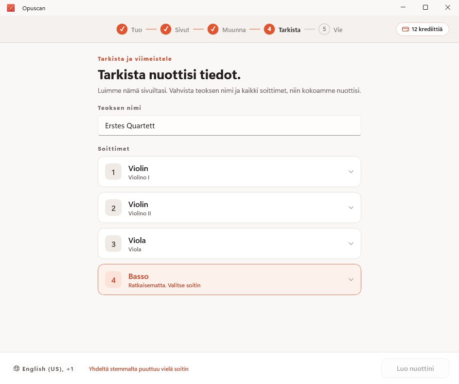 Muunnetun nuotinnoksen tarkistaminen ja korjaaminen Opuscan for Windowsissa