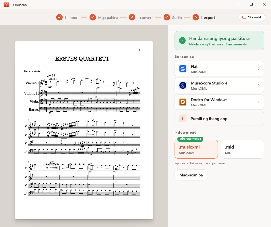 Ipinapakita ng Opuscan sa Windows ang na-convert na partitura para sa string quartet sa kaliwa at mga opsyon sa pag-export para sa Flat, MuseScore, at Dorico sa kanan.