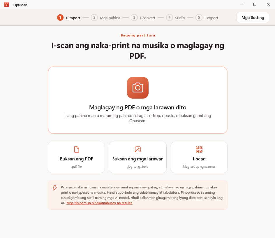 Opuscan para sa Windows na nag-i-import ng PDF ng notang pangmusika