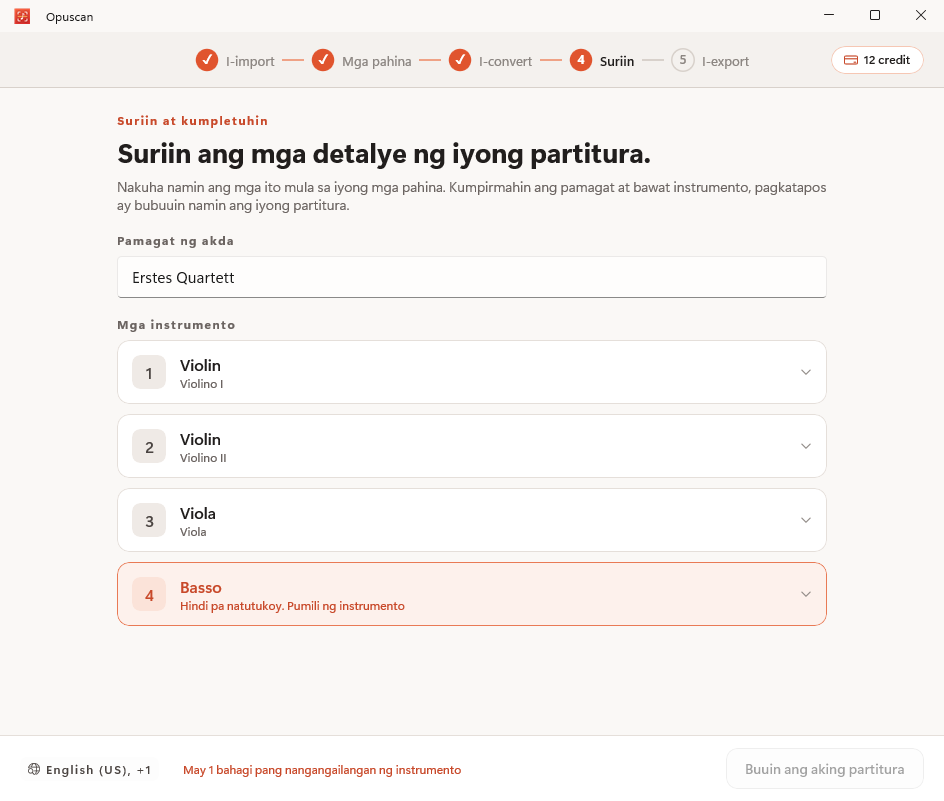 Pagrepaso at pagwawasto sa na-convert na notang pangmusika sa Opuscan para sa Windows