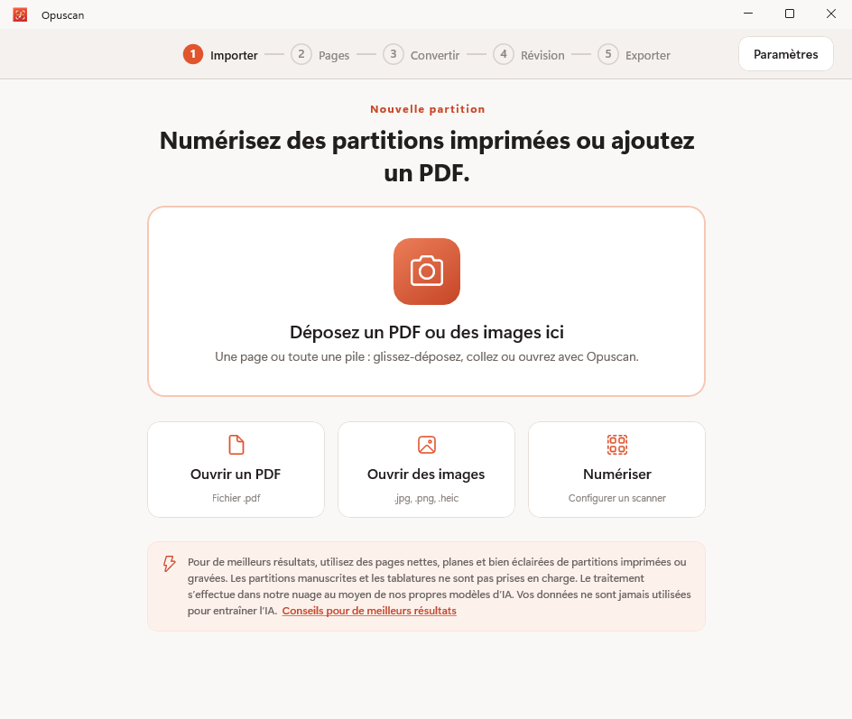 Opuscan pour Windows importe un PDF de partition musicale